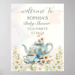 Tea Party Waterverf Theepot Boy Baby shower Poster
