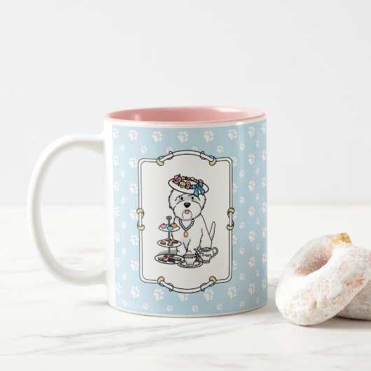 Tea Party Westie - West Highland White Terrier Tweekleurige Koffiemok (Met donut)