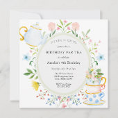 Tea Party Whimsical Wildflower Birthday Invitation Kaart (Voorkant)