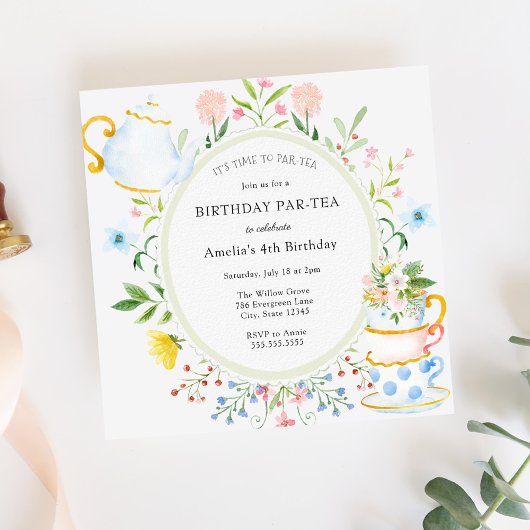 Tea Party Whimsical Wildflower Birthday Invitation Kaart