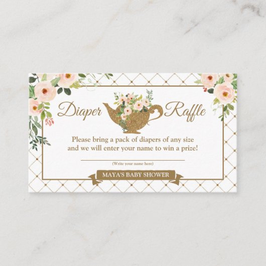 Tea Party White Blush Floral Diaper Raffle Ticket Informatiekaartje (Voorkant)