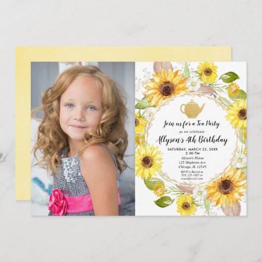 Tea party yellow white sunflower verjaardag kaart (Voorkant / Achterkant)