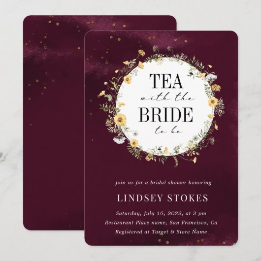 Tea Party Yellow Wildflower Burgundy Vrijgezellenf Kaart (Voorkant / Achterkant)