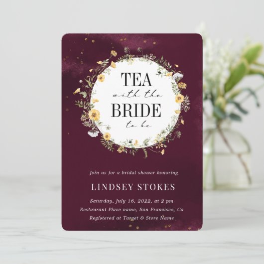 Tea Party Yellow Wildflower Burgundy Vrijgezellenf Kaart (Staand voorkant)