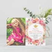 Tea party's, koraal blush roze goudfoto kaart (Staand voorkant)