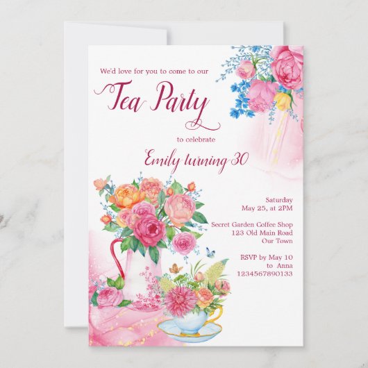 Tea party's verjaardagskop gevuld met magenta bloe kaart (Voorkant)