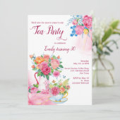 Tea party's verjaardagskop gevuld met magenta bloe kaart (Staand voorkant)