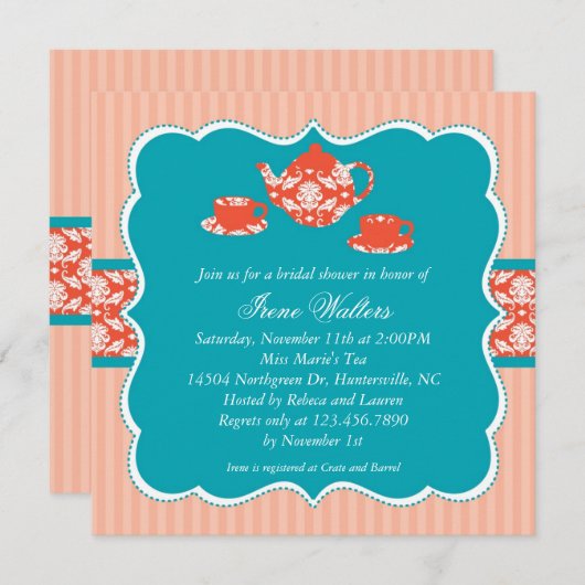 Tea Pot Bridal Shower Invitation Kaart (Voorkant / Achterkant)