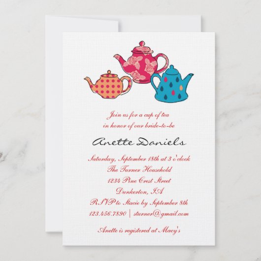 Tea Pot Bridal Shower Invitation Kaart (Voorkant)