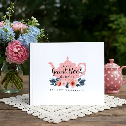 Tea Pot & Floral Tea Party Roze Baby shower Gastenboek