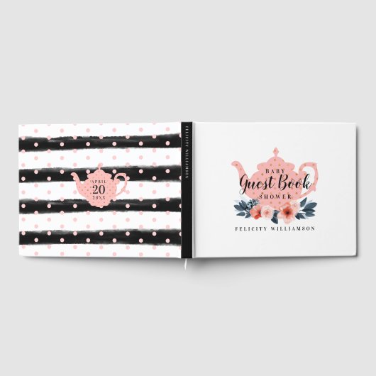 Tea Pot & Floral Tea Party Roze Baby shower Gastenboek (Volledig)