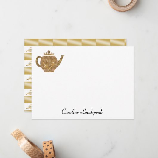 Tea Pot & Gold Chestnut Leaves Notitiekaartje (Voorkant / Achterkant in situ)