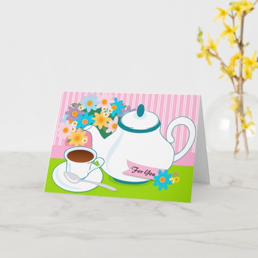 Tea Pot Tea Cup Bloemen Denken aan je Kaart (Gele Bloem)