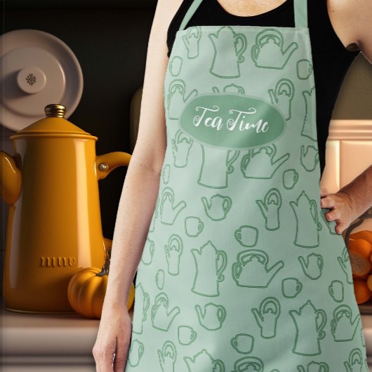 Tea Pots Pattern Sage Green Long Bib Schort