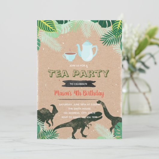 Tea rex party boy-uitnodiging kaart (Staand voorkant)