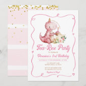 Tea-Rex Party Dinosaurus 3e Verjaardag Roze Boog Kaart (Voorkant / Achterkant)