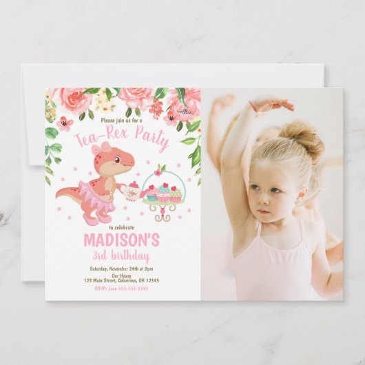 Tea-Rex Tutu Party Dinosaur 3rd Birthday Photo Kaart (Voorkant)