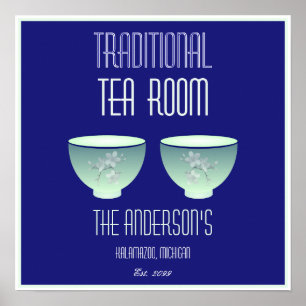 Tea Room Sign Elegant Hand Drawn Flowered Teacups Poster