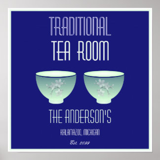 Tea Room Sign Elegant Hand Drawn Flowered Teacups Poster