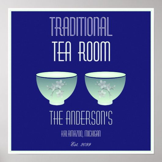 Tea Room Sign Elegant Hand Drawn Flowered Teacups Poster (Voorkant)