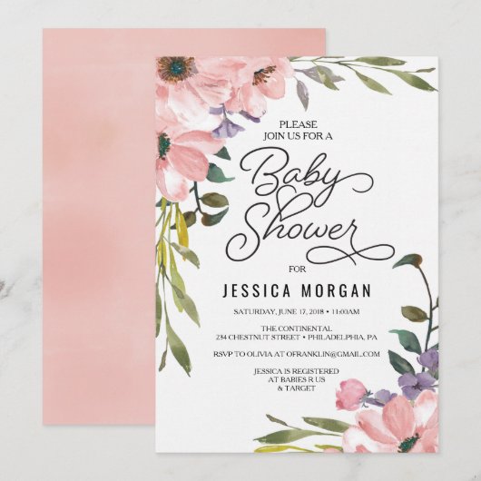 Tea Roos Baby shower Invitation Baby shower Kaart (Voorkant / Achterkant)