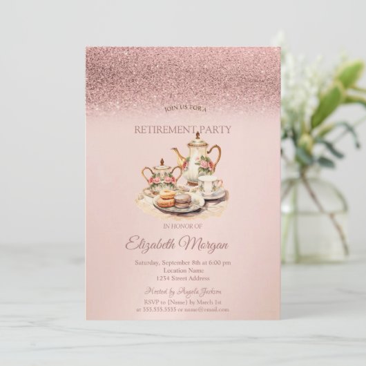 Tea Service Rose Gold Glitter Retirement  Kaart (Staand voorkant)