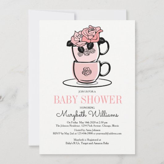 Tea Teacup & Flowers Baby shower Invitation Card Kaart (Voorkant)