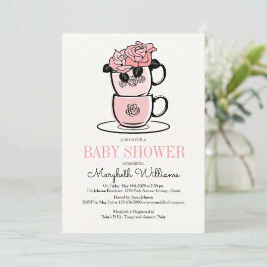 Tea Teacup & Flowers Baby shower Invitation Card Kaart (Staand voorkant)