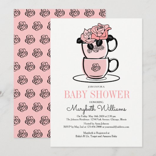 Tea Teacup & Flowers Baby shower Invitation Card Kaart (Voorkant / Achterkant)
