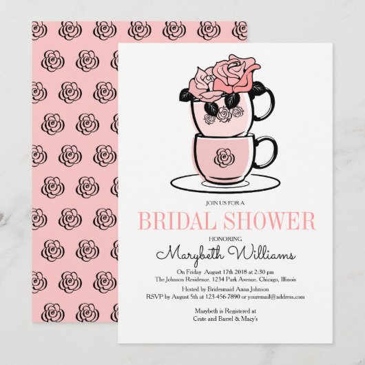 Tea Teacup Flowers Bridal Shower Invitation Kaart (Voorkant / Achterkant)