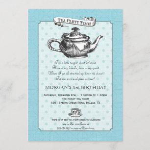 Tea Time Birthday Party Invitation - Aqua Blue Kaart
