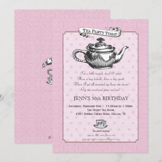 Tea Time Birthday Party Invitation - Roze Kaart (Voorkant / Achterkant)