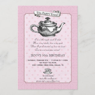 Tea Time Birthday Party Invitation - Roze Kaart