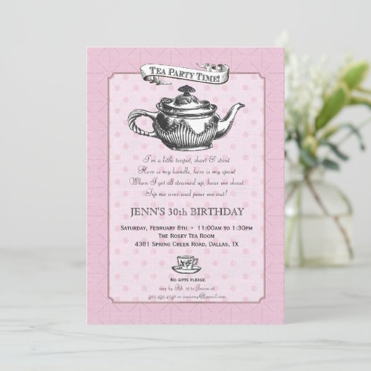 Tea Time Birthday Party Invitation - Roze Kaart (Staand voorkant)