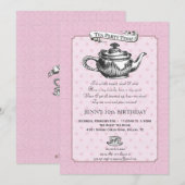 Tea Time Birthday Party Invitation - Roze Kaart (Voorkant / Achterkant)