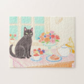 Tea-Time Black Cat Puzzle – Cozy Winter Gift Idea Legpuzzel (Horizontaal)