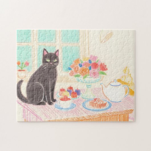 Tea-Time Black Cat Puzzle – Cozy Winter Gift Idea Legpuzzel (Horizontaal)
