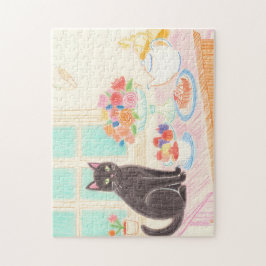 Tea-Time Black Cat Puzzle – Cozy Winter Gift Idea Legpuzzel