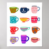 Tea Time Bright Waterverf Cups Keuken Wanddecorati Poster (Voorkant)