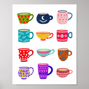 Tea Time Bright Waterverf Cups Keuken Wanddecorati Poster