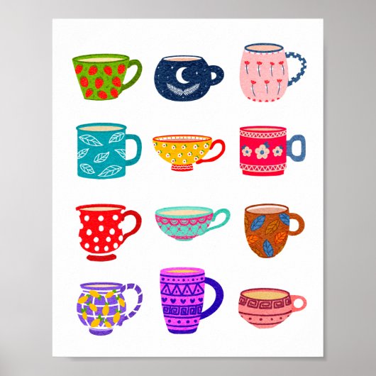 Tea Time Bright Waterverf Cups Keuken Wanddecorati Poster (Voorkant)