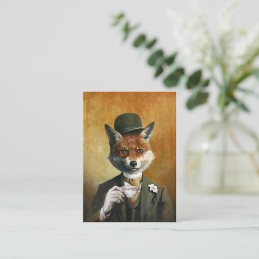 Tea Time de heer Fox ACEO Visitekaartje (Staand voorkant)