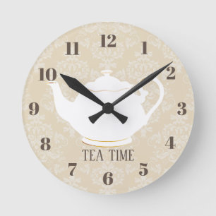 Tea Time Elegant Teapot Cream Damask Ronde Klok
