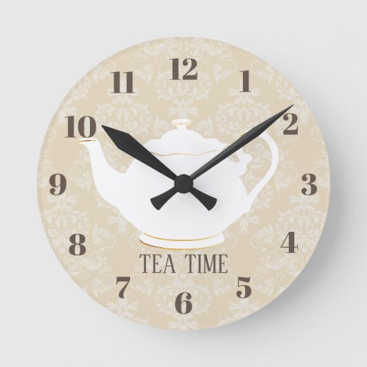 Tea Time Elegant Teapot Cream Damask Ronde Klok (Voorkant)