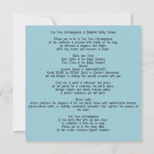 Tea Time Extravaganza: Tijdloze thee, een Baby sho Kaart (Achterkant)