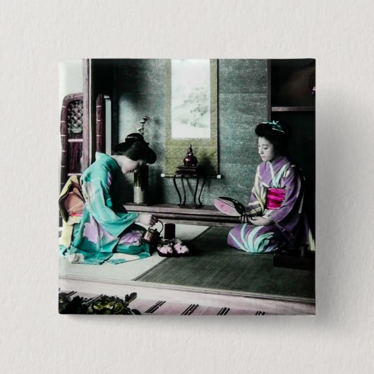 Tea Time for Two in Old Japan  Geisha Vierkante Button 5,1 Cm (Voorkant)