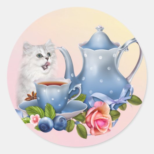 Tea time kitten ronde sticker (Voorkant)