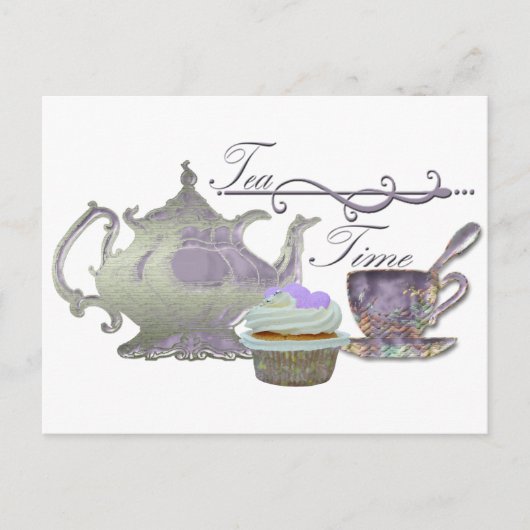 Tea Time. Lila kunst van theepot, theepot en cupca Briefkaart (Voorkant)