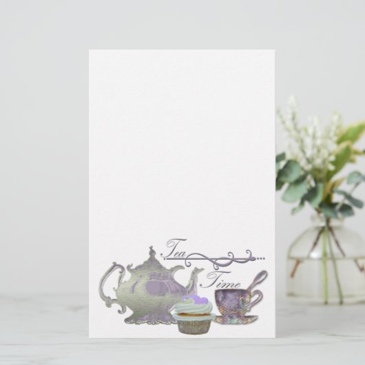 Tea Time. Lila kunst van theepot, theepot en cupca Briefpapier (Staand voorkant)