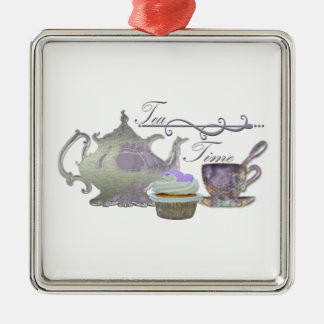 Tea Time. Lila kunst van theepot, theepot en cupca Metalen Ornament